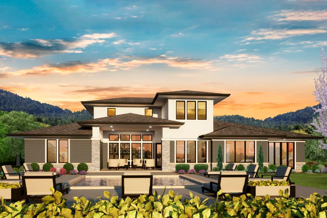 House plan exterior: Modern style, two stories, large windows, deep overhangs, flat roof sections, and stone accents.