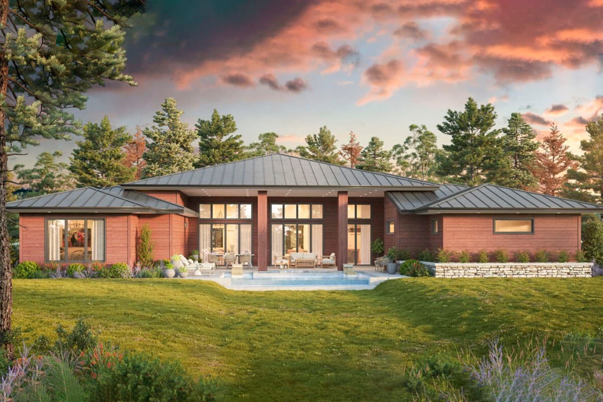 Modern house plan exterior with a low-pitched hip roof, wood siding, and expansive windows overlooking a pool.