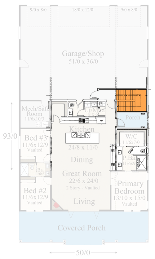 Plan 85404MS: 3 Bed Barndominium Just Under 1900 Square Feet with Parking for 6 Cars - Floor Plan - Main Level - Basement Stairs Location - Barndominium, Country, Modern Farmhouse, Mountain, New American, Rustic