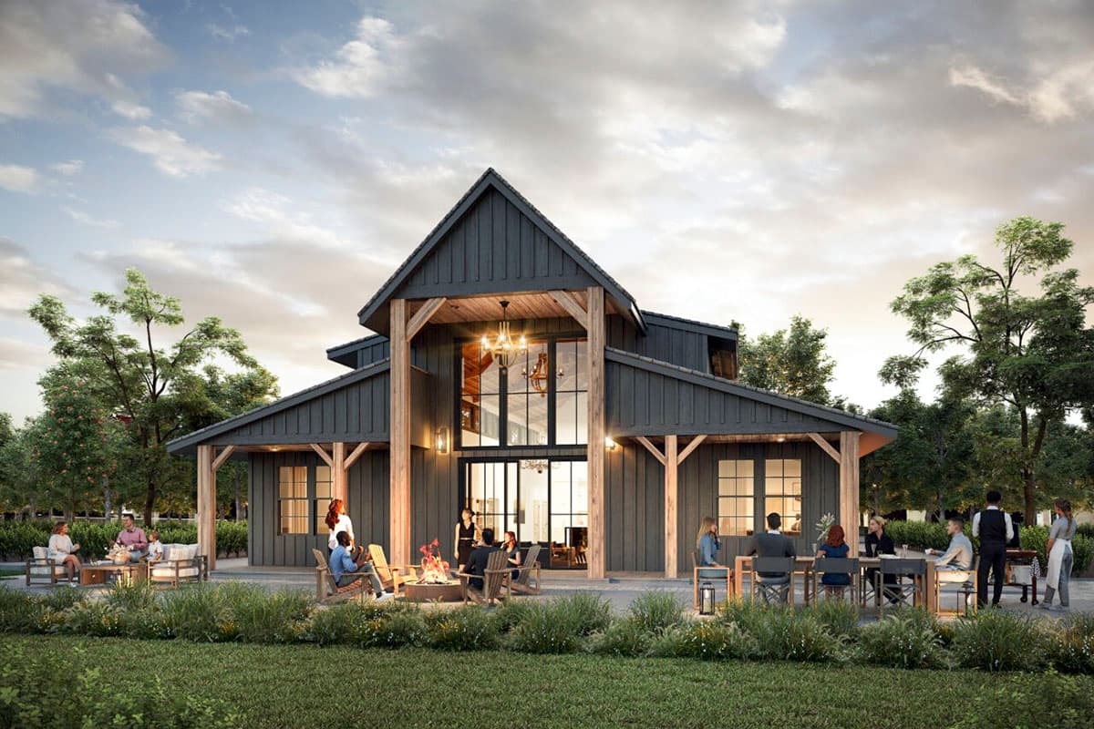 House plan exterior rendering of a modern farmhouse style home with a covered porch, gables, and large windows.
