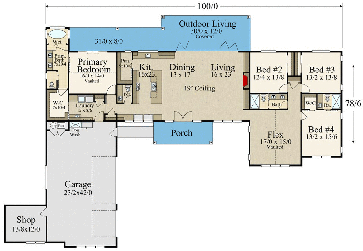Plan 85405MS: Modern Hip Roof House Plan Under 3000 Square with 4 Beds and 3-Car Garage - Floor Plan - Main Level - Modern, Northwest, Prairie, Ranch