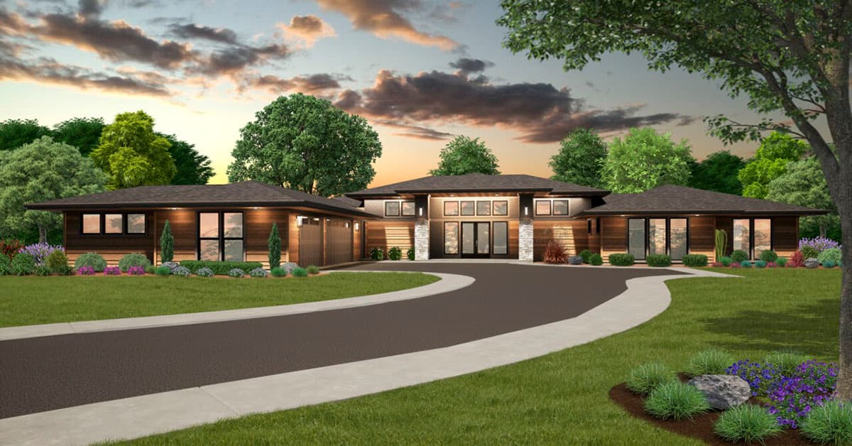 House plan exterior rendering. One-story contemporary home with low-sloped roof, large windows, attached garage, and stone accents. Curved driveway.