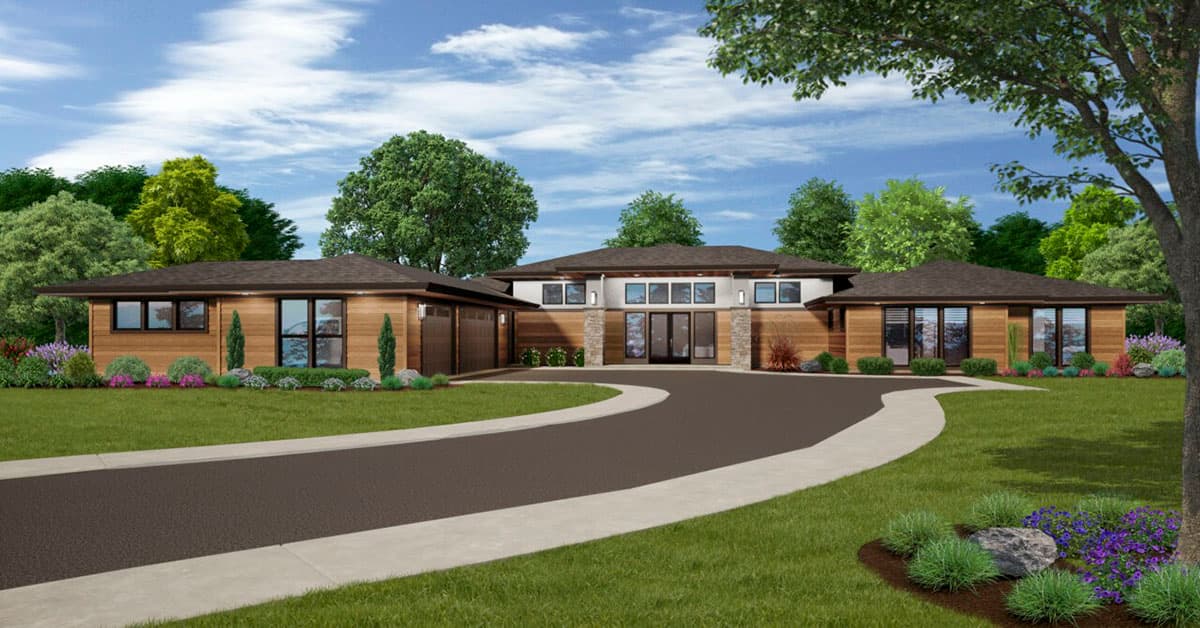 Modern house plan exterior with a U-shaped driveway, attached garage, stone accents, and horizontal wood siding.
