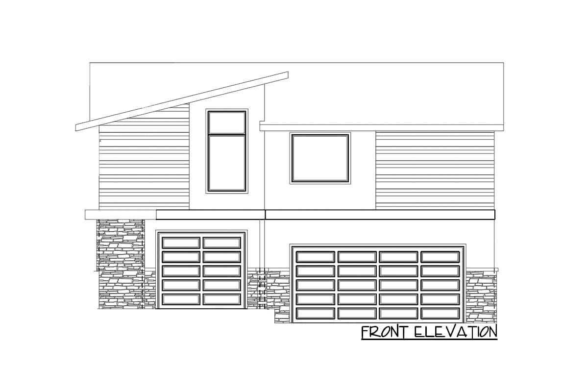 Front elevation house plan: two-story modern design with horizontal siding, stone accents, and two-car garage.