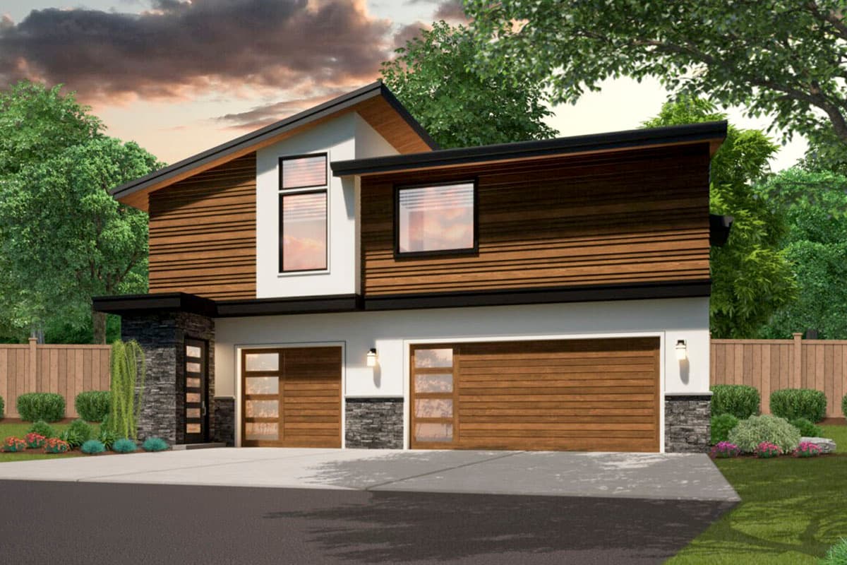 House plan exterior. Two-story modern style with horizontal wood siding, a shed roof, and two garage doors on the ground level.