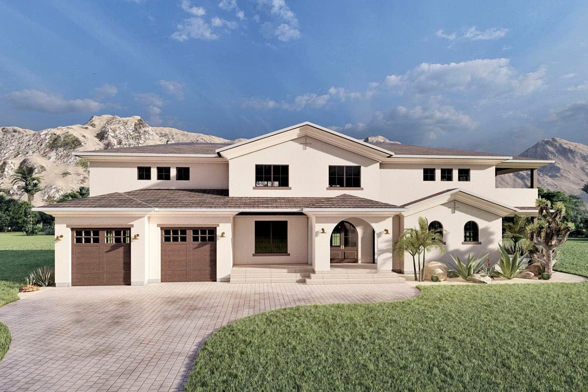 House plan exterior. Two-story Mediterranean style with arched entry and garage. Features include gabled roof, and a second-story balcony.