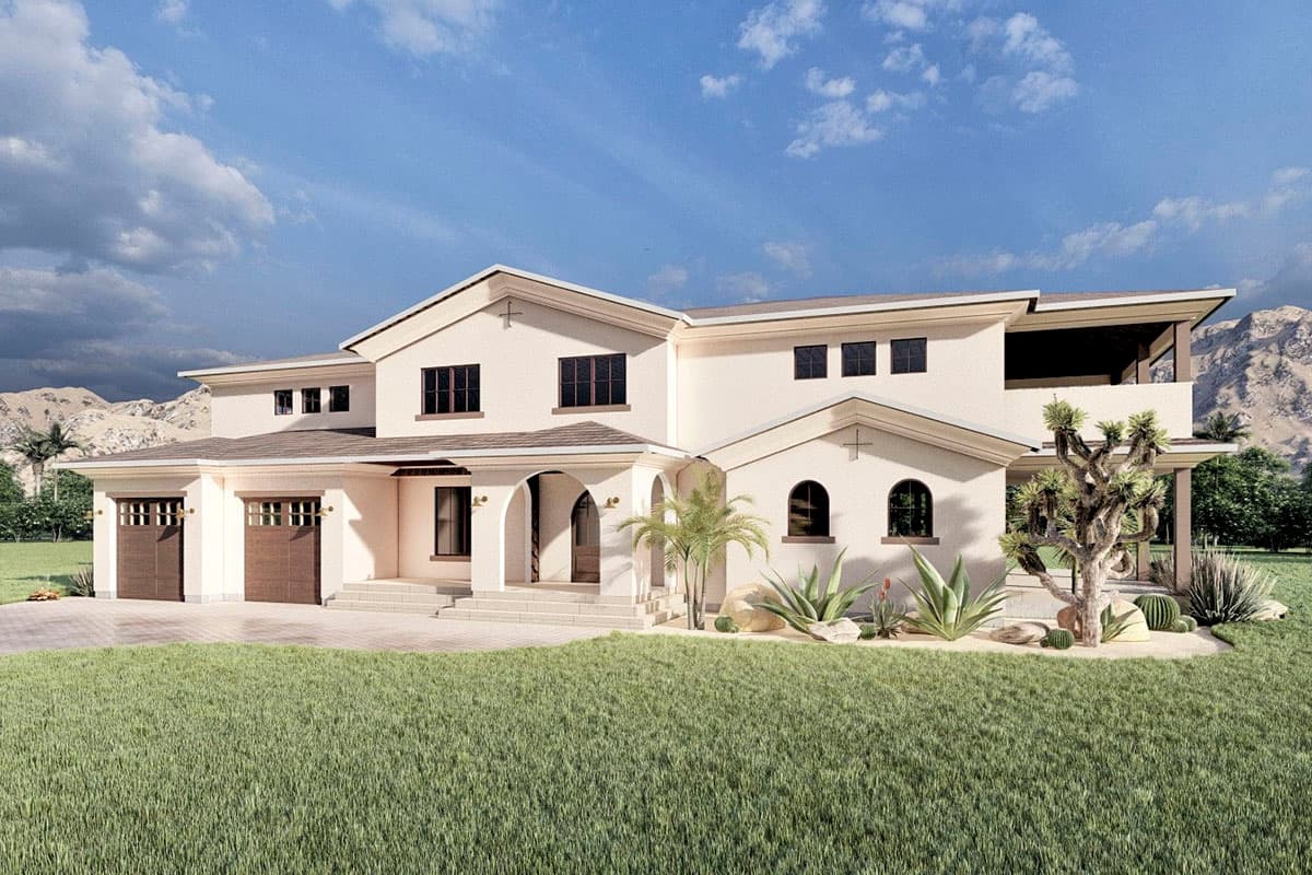 House plan exterior with a stucco finish, gabled rooflines, arched entryways, and a three-car garage.