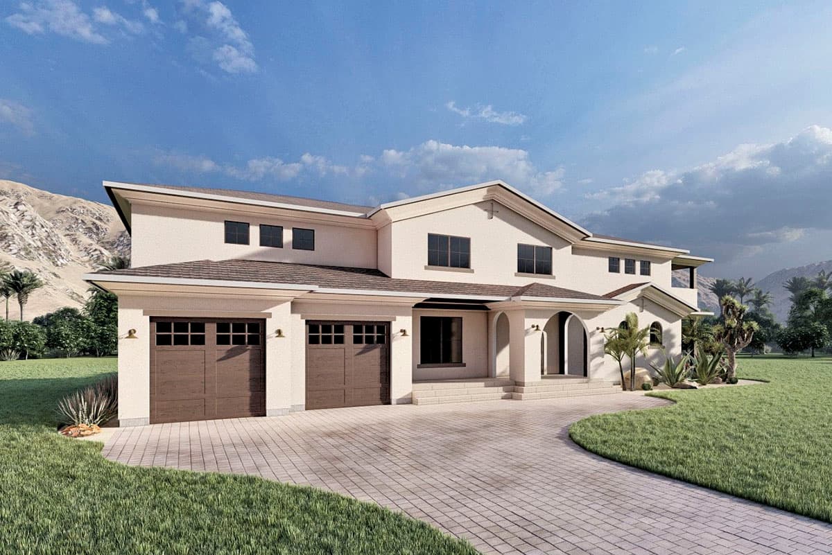 Two-story house plan exterior with a three-car garage, arched entry, and multi-level rooflines.