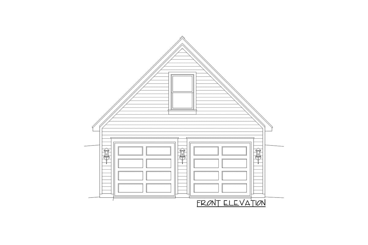 Front elevation drawing of a two-car garage with a gable roof and a dormer window above.