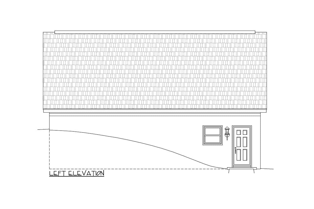 Left elevation drawing of a house plan showing a pitched roof, a door with sidelights, and a window.