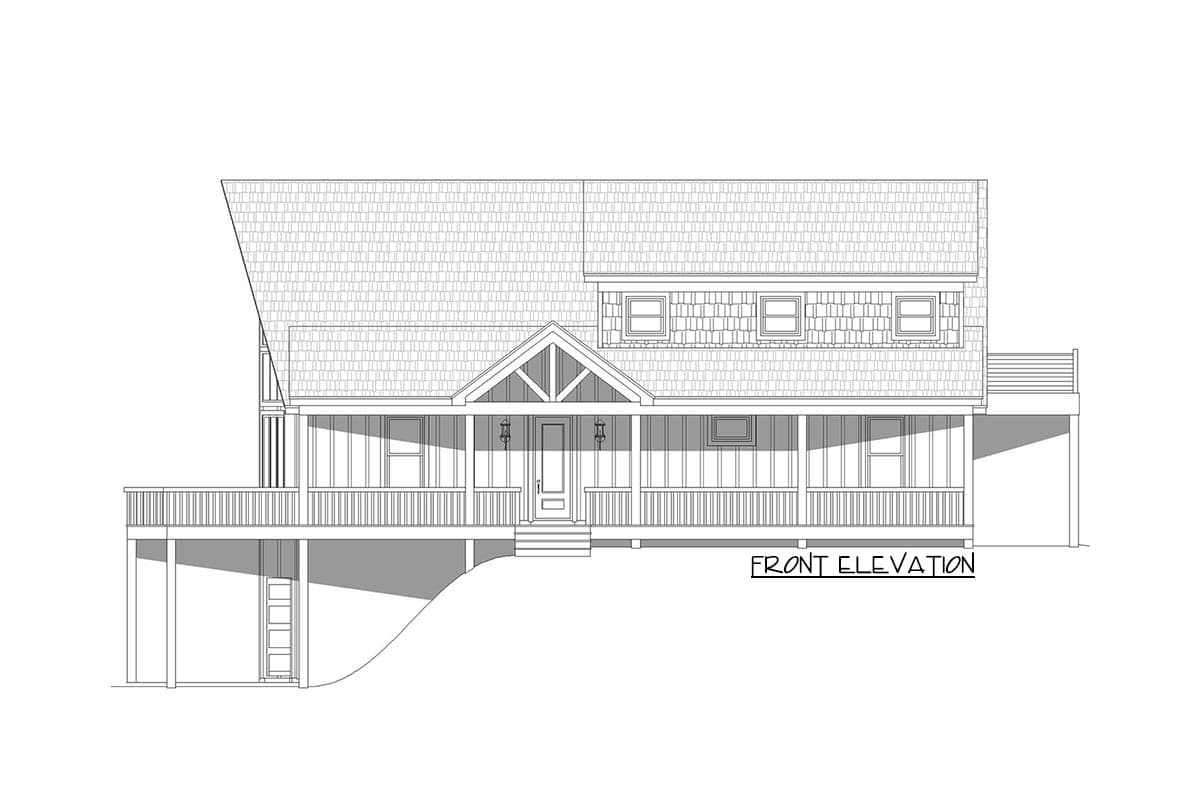 Front elevation drawing of a two-story house with a covered porch, dormers, and a sloped roof.
