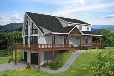 Lake View Home Plan with Full Front Porch and Side Open Deck
