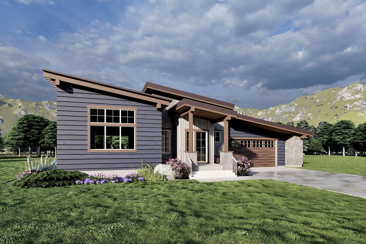 House plan exterior of a modern, single-story home with a prominent asymmetrical roofline, horizontal siding, and attached garage.