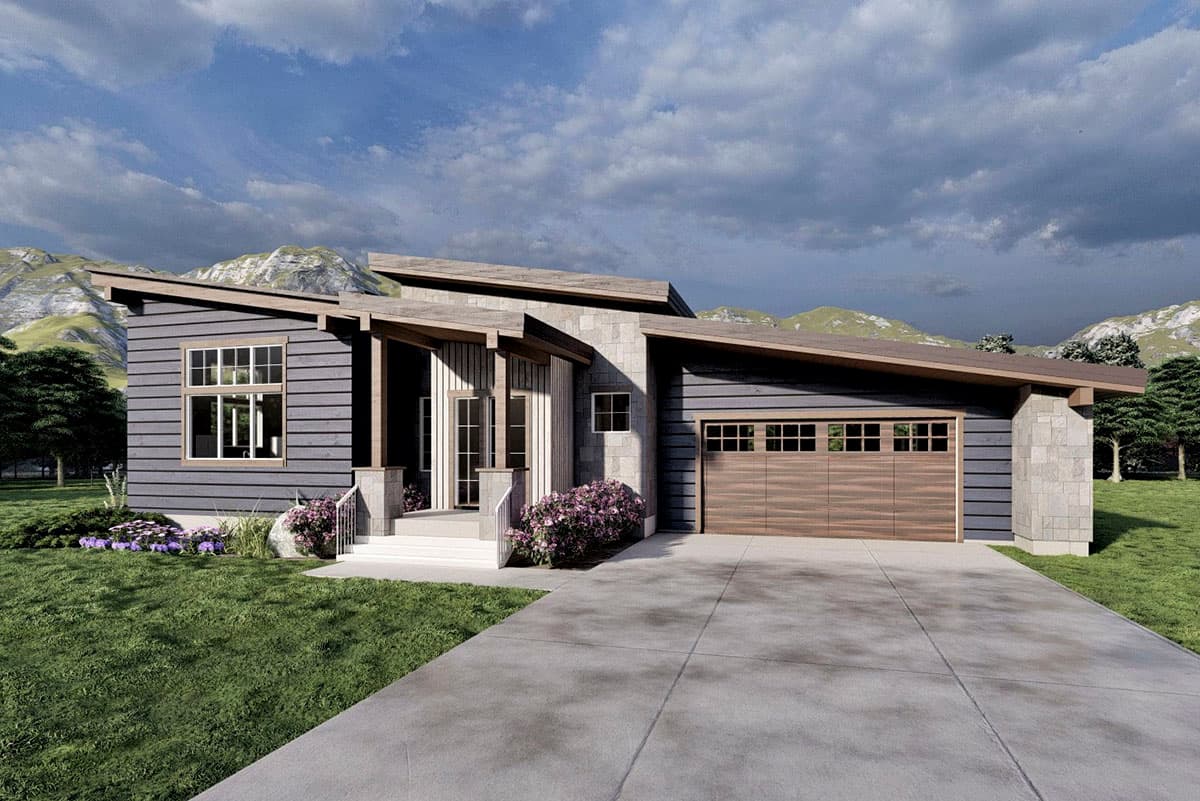 Modern house plan exterior with a single story, asymmetric rooflines, stone accents, and a wood garage door.