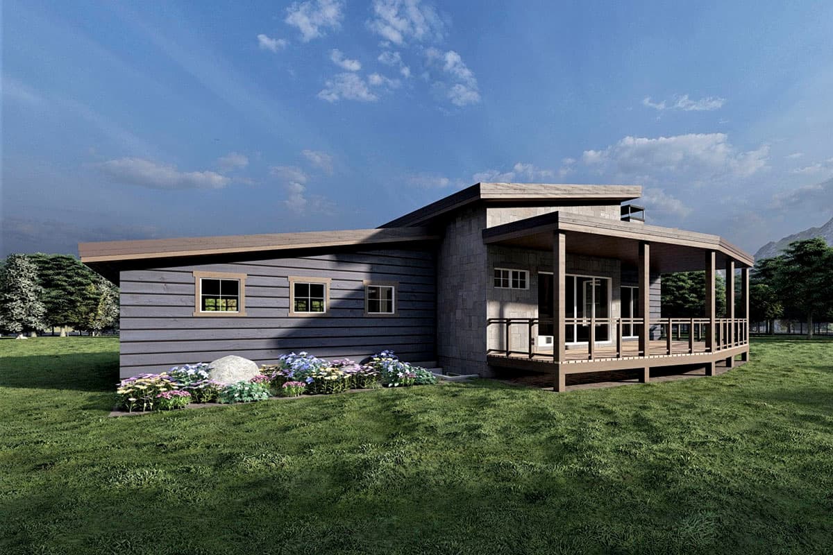 Modern house plan exterior with horizontal siding, a prominent wrap-around porch, and a high-pitched roofline.