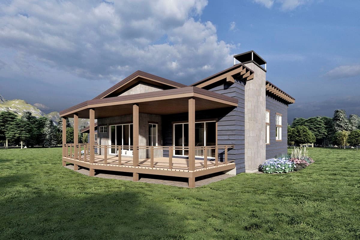 House plan exterior: Ranch style, single story, with a wraparound porch, prominent stone chimney, and deep eaves.