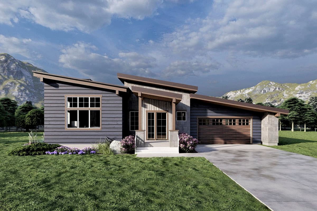 House plan exterior with a modern design featuring a single story, shed roof, covered entry, and attached garage with a wood door.