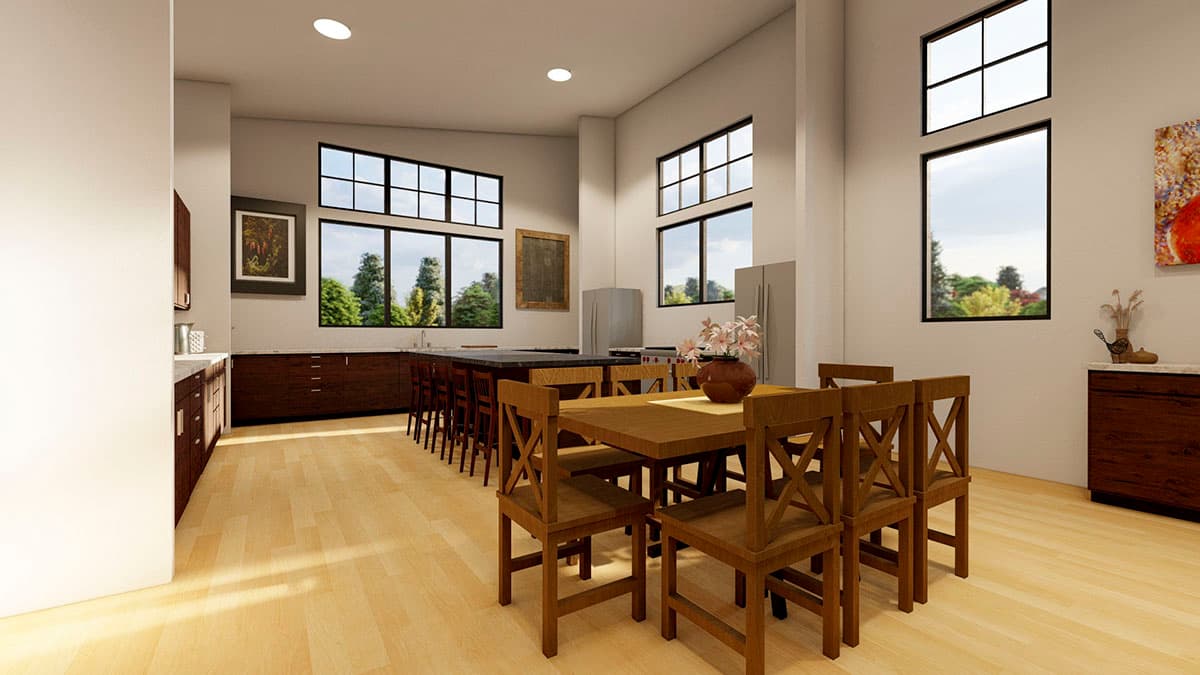 Open concept kitchen and dining area with large island, dark wood cabinetry, and tall windows.