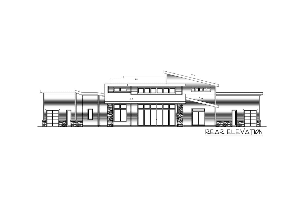 Rear elevation of a two-story modern house plan with stone accents, multiple windows, and two garages.