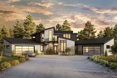 Modern Home Plan Under 3500 Square Feet with Two Drive-Through Angled Garages