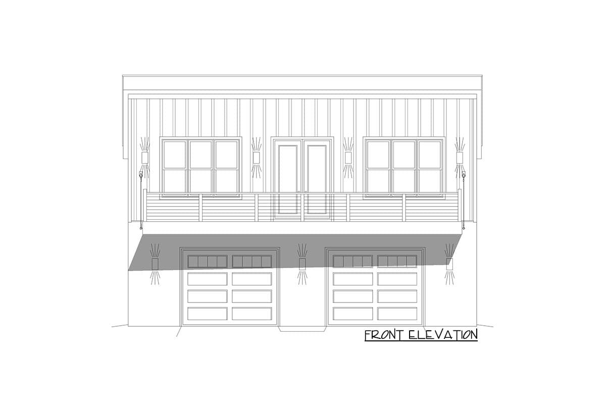 Front elevation of a house plan featuring a double garage, balcony with railing, double doors, and two windows.