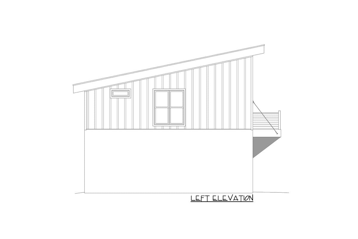 Left elevation of a house plan showing vertical siding, a sloped roof, two windows, and a small deck.