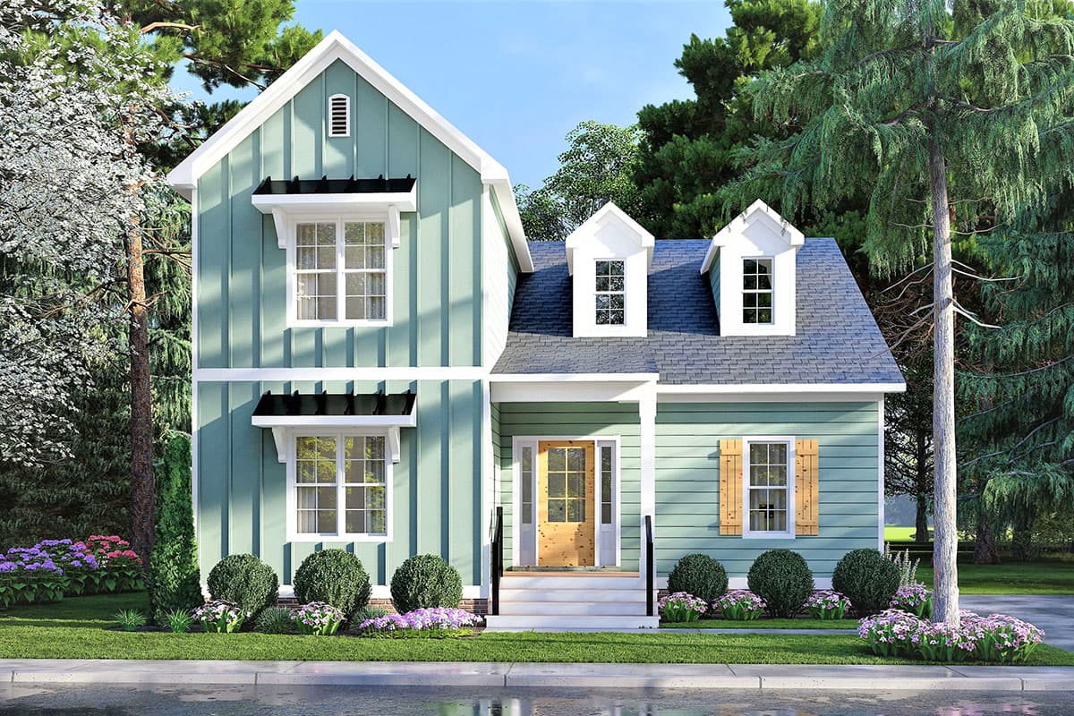 House plan exterior featuring a two-story farmhouse style with a gabled roof, dormers, and a covered front porch.