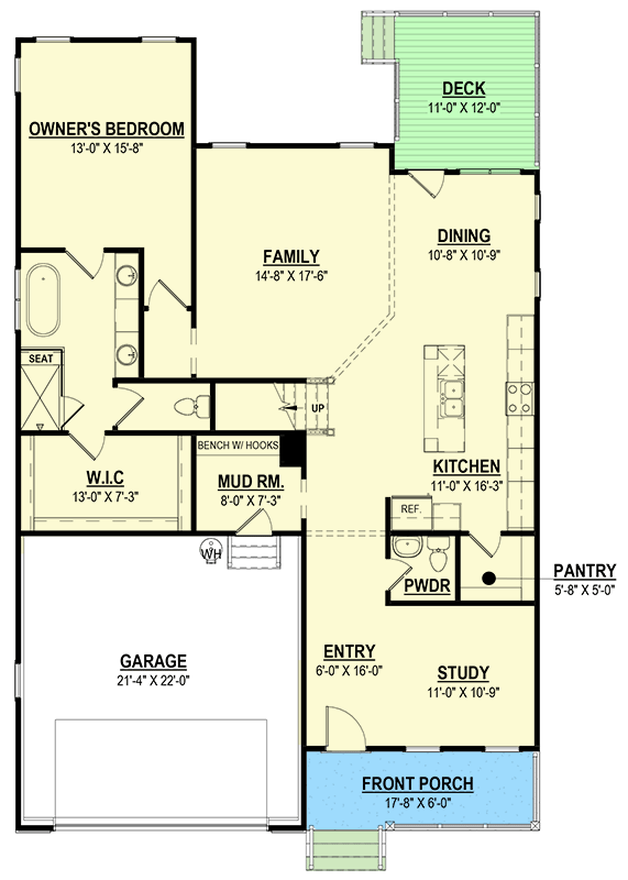 Plan 83635CRW: Gambrel Farmhouse Plan with Main-Level Owner's Suite and Three-to-Four Upstairs Bedrooms - Floor Plan - Main Level - Bungalow, Cottage, Country, Farmhouse