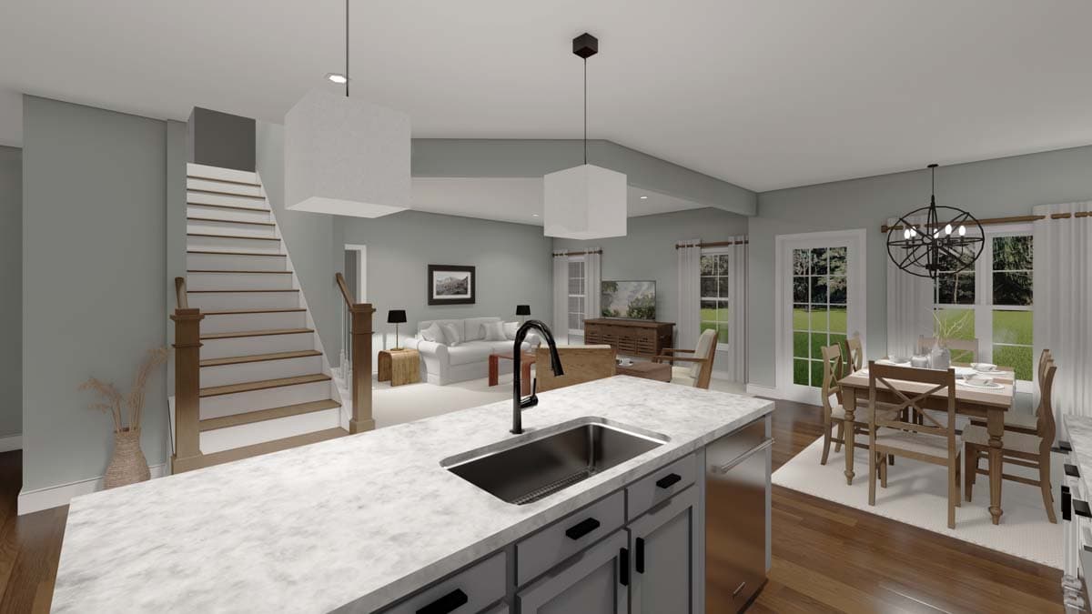 Interior rendering of an open-concept living space with a kitchen island, dining area, and living room featuring a staircase.