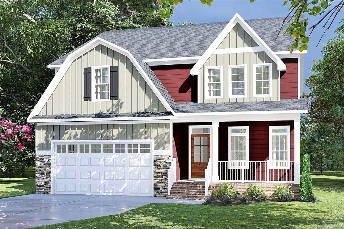 House plan exterior. Two-story Craftsman home with gabled roof, front porch, and garage with divided-light windows. Stone facade accents.