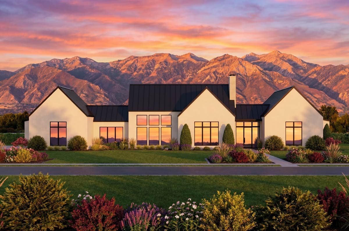 Modern Farmhouse house plan exterior with a metal roof, multiple gables, and large windows.