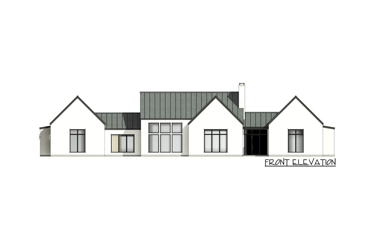 Front elevation drawing of a Modern Farmhouse plan with gabled roofs, metal roofing, and a large window bank.