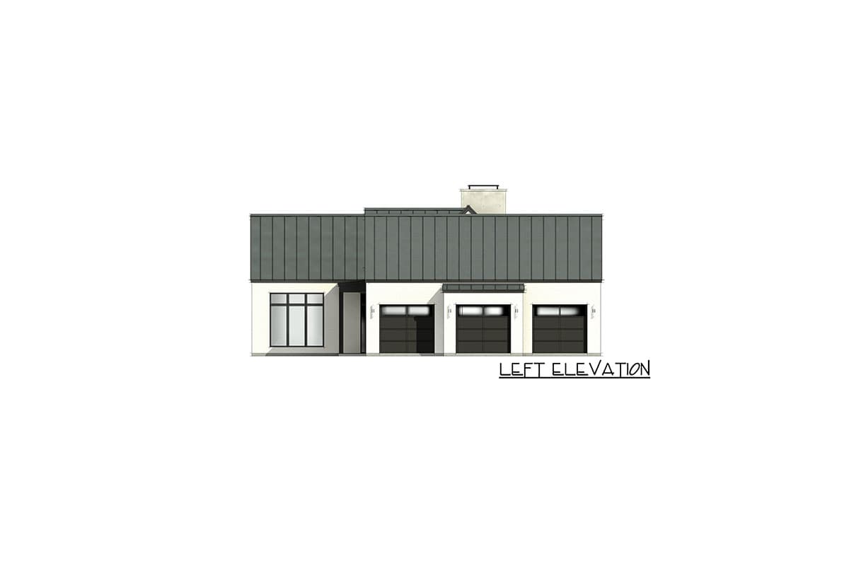 Left elevation drawing of a modern house plan with a metal roof, three garage doors, and large windows.