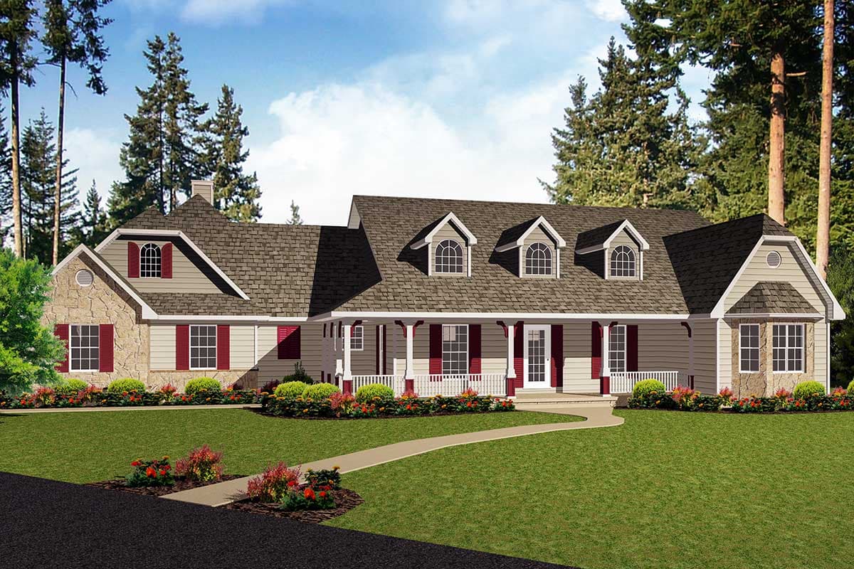 House plan exterior: Ranch style, one story, full-width porch, multiple gables, dormer windows, stone and siding accents.