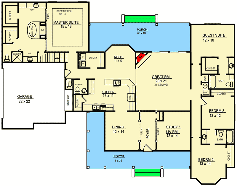 Plan 3483VL: Farmhouse with Private Master Suite - Floor Plan - Main Level - Country, Farmhouse, Ranch