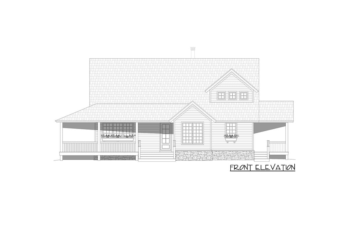 Front elevation drawing of a two-story house plan with a covered porch, gables, dormer windows, and stone foundation.