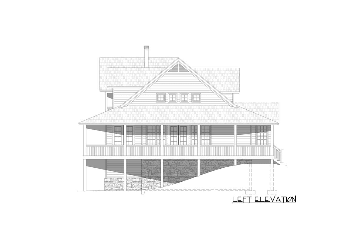 Left elevation house plan showing a two-story home with a full-width covered porch, stone foundation, and multiple gables.