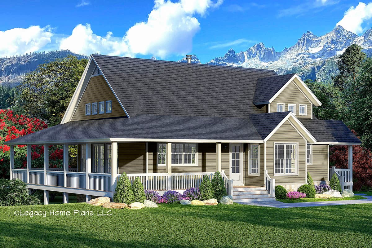 House plan exterior with Craftsman-style elements. Features include a wrap-around porch, multiple gables, and a prominent roofline over the entryway.