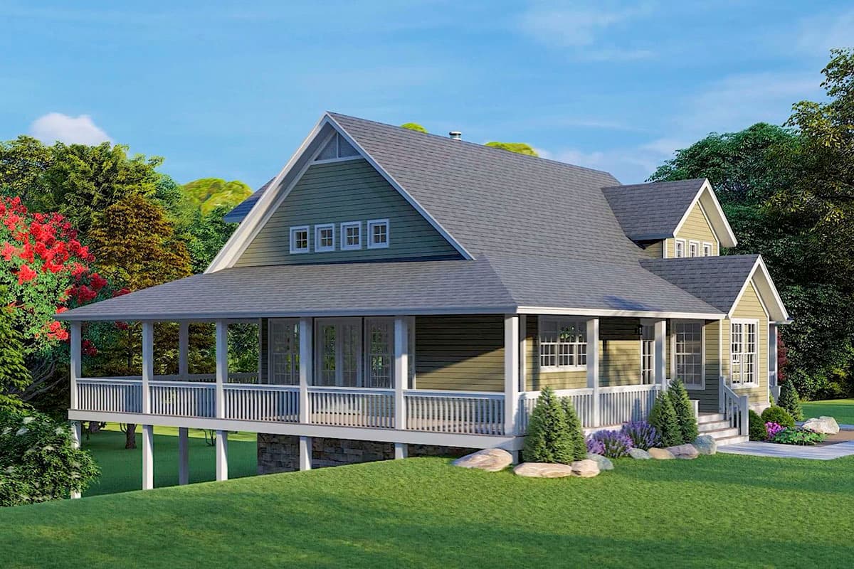 House plan exterior: Two-story Modern Farmhouse with wrap-around porch, gables, and dormer windows.
