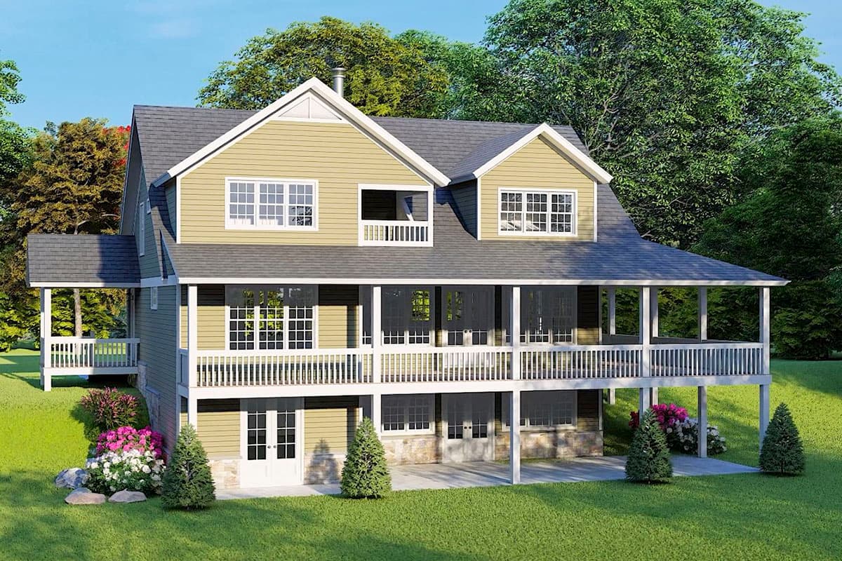 House plan exterior with a wraparound porch, gables, dormers, and multiple levels of windows.