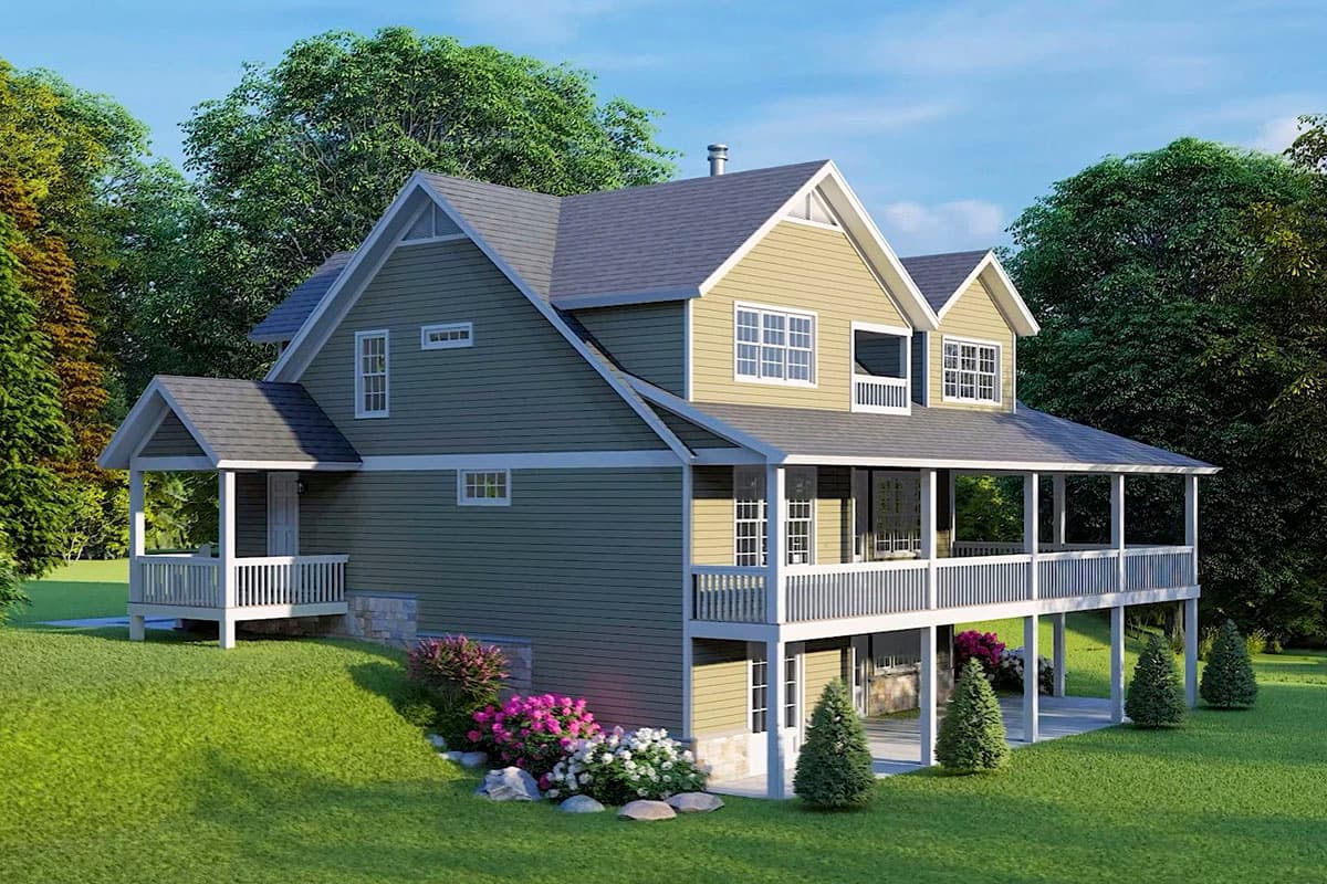 House plan exterior: two-story, siding, wrap-around porch, multiple gables, and dormers.