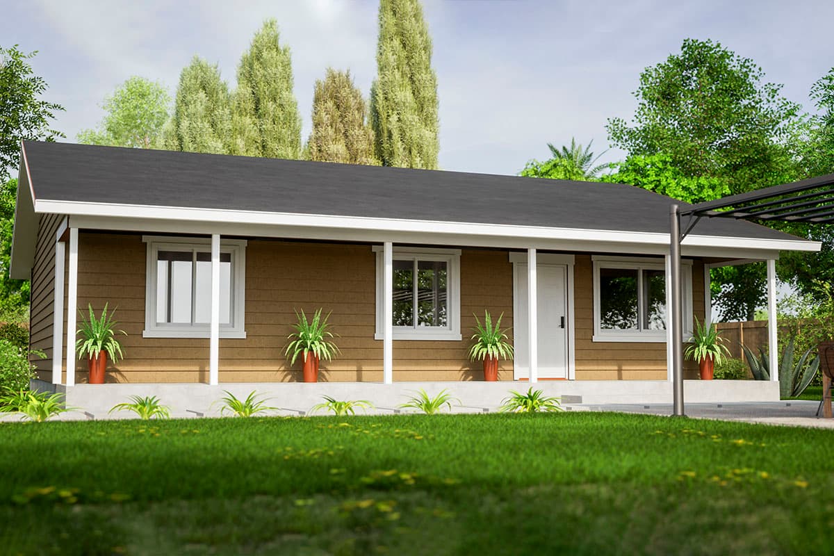 Ranch house plan exterior with a covered front porch, a dark roof, and horizontal siding.