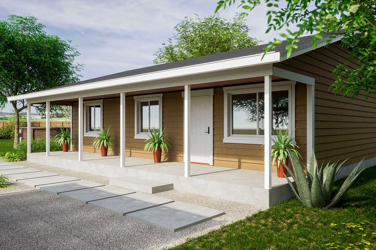 Single-story house plan exterior with a covered porch, horizontal siding, and multiple windows.