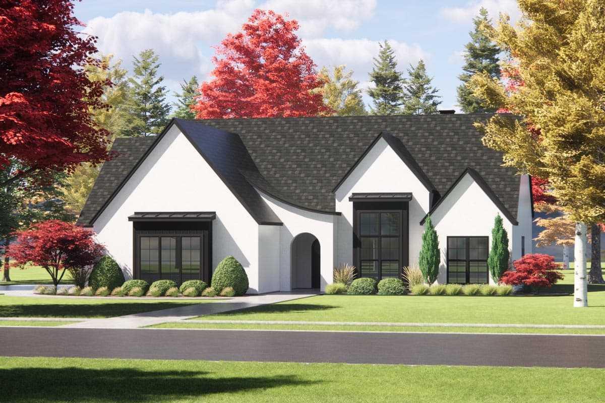 House plan exterior featuring a white stucco facade with black trim. The home has a steeply pitched roof, arched entry, and prominent gables.