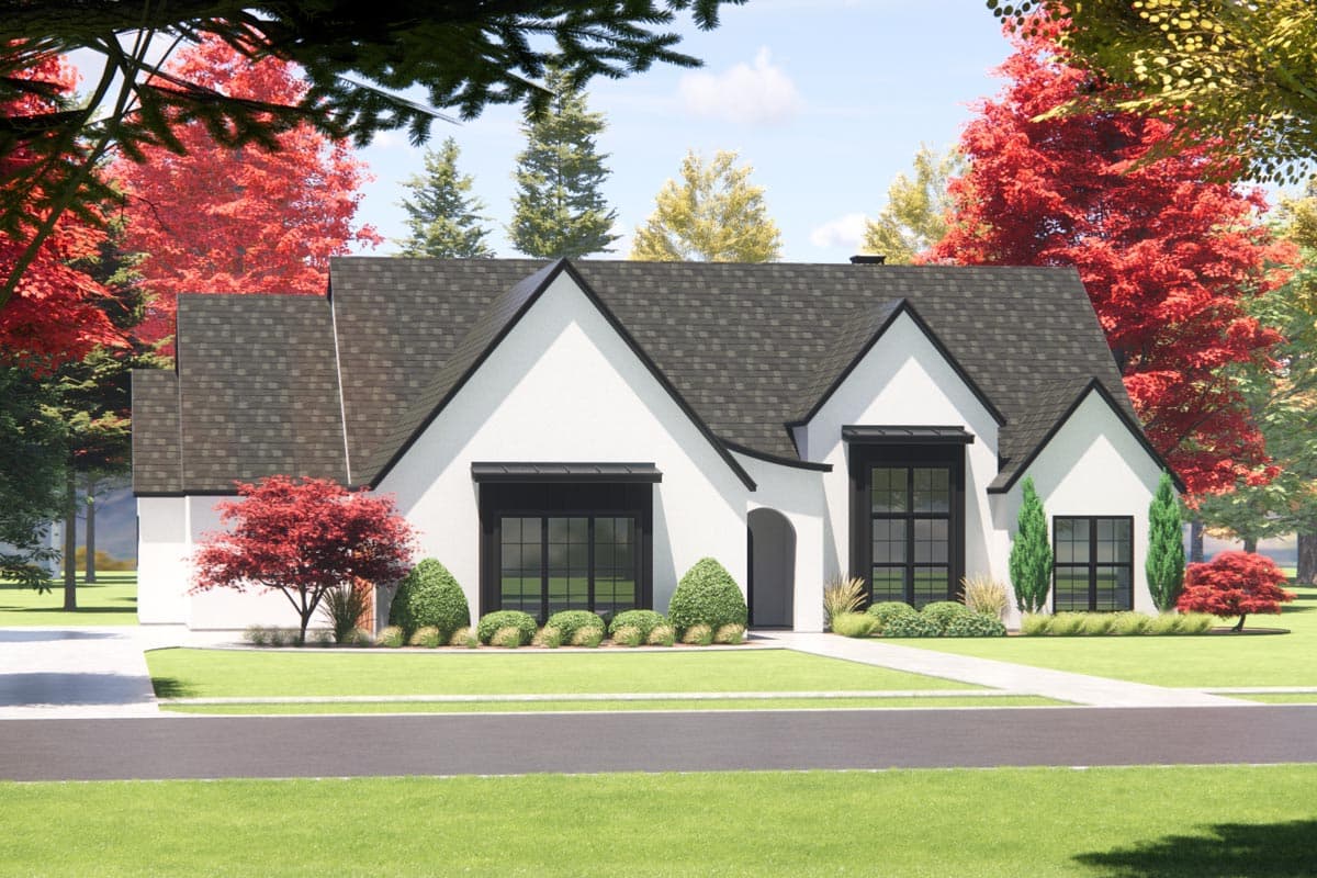Modern Farmhouse house plan exterior with a white stucco finish, prominent gables, and dark-trimmed windows.