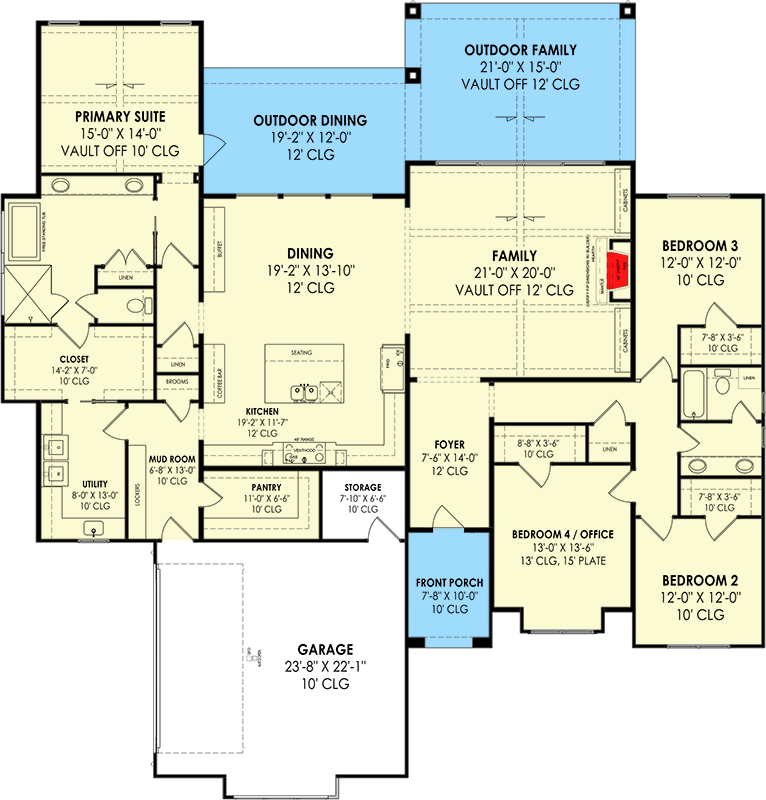 Plan 818040JSS: 3-Bed Transitional House Plan with Flex Room - 2867 Sq Ft - Floor Plan - Main Level - Southern, Southern Traditional, Transitional