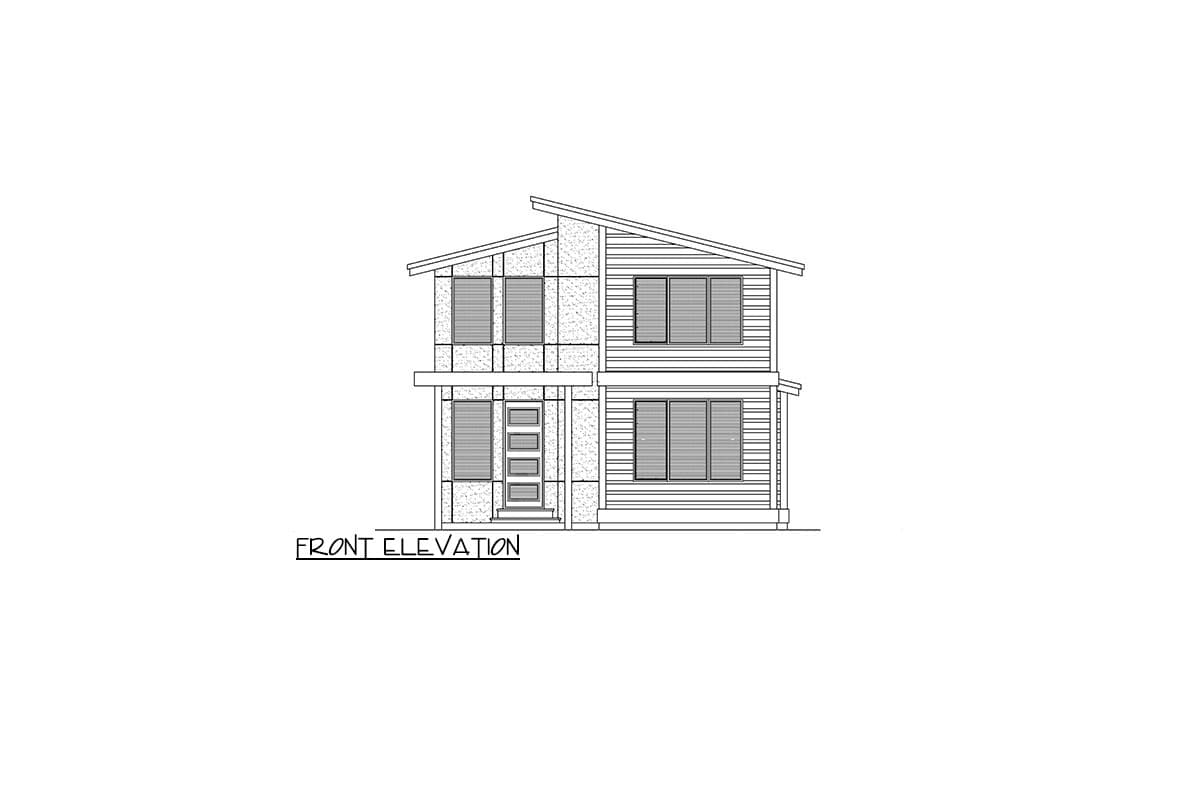 Front elevation drawing of a two-story house with a sloped roof, four-panel door, and multiple windows.