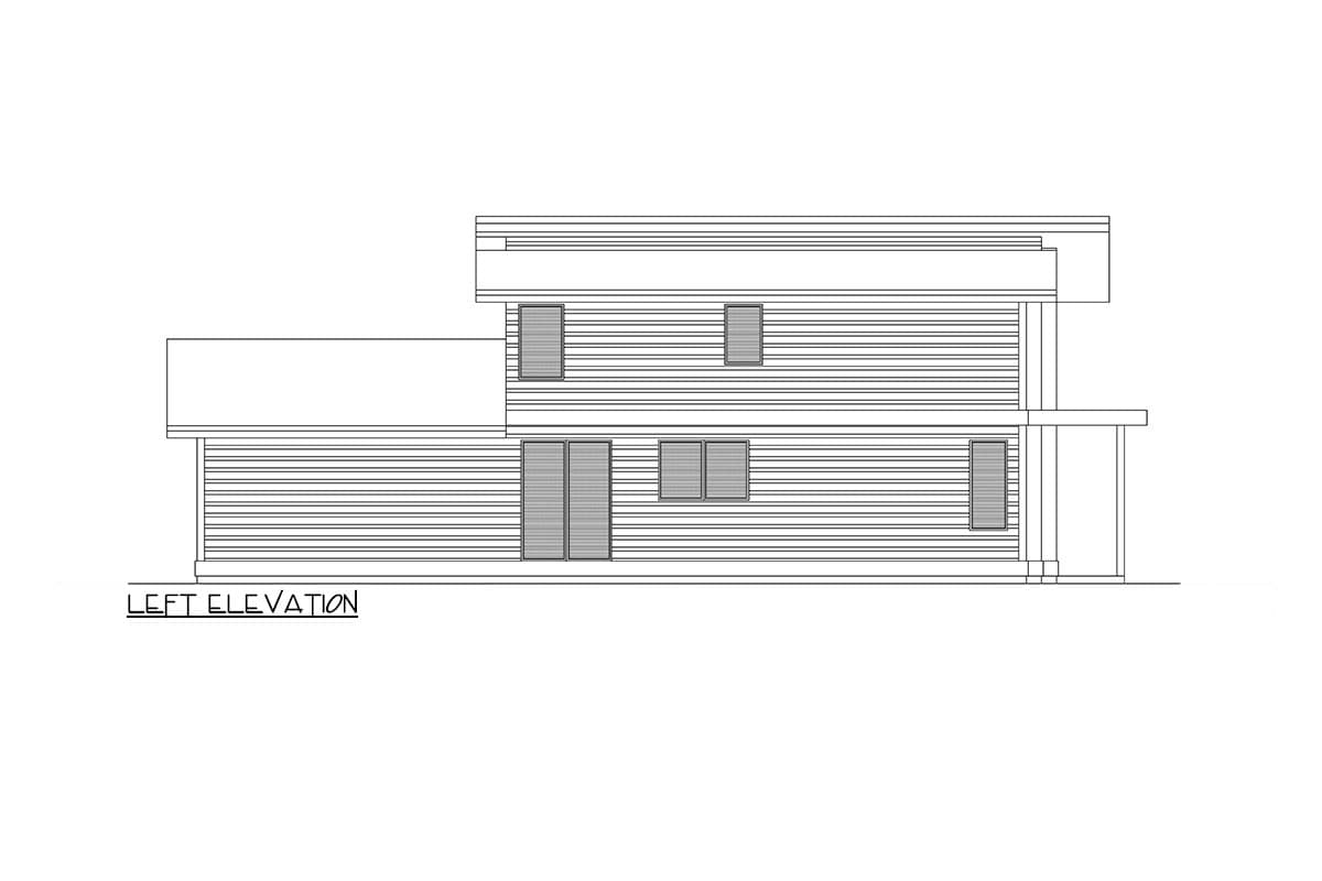 House plan left elevation drawing of a two-story modern home with horizontal siding, large windows, and a flat roof.