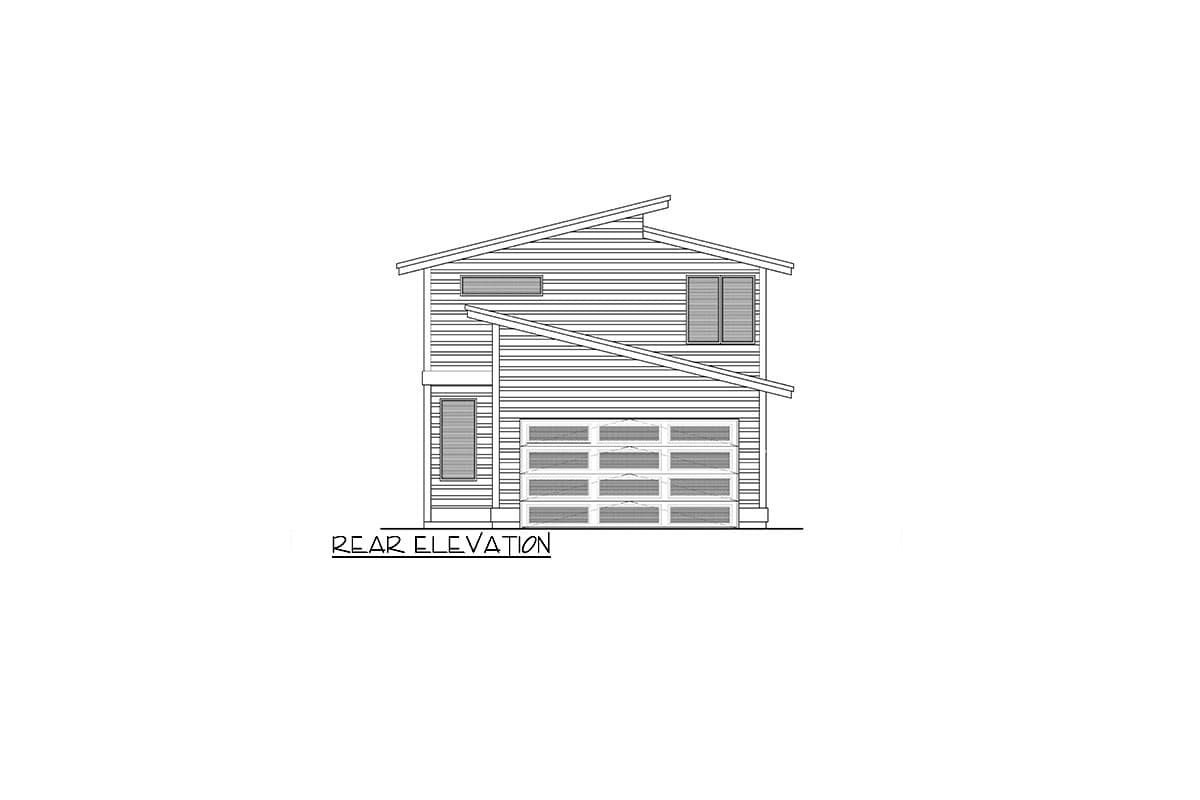 Rear elevation house plan drawing of a two-story modern home with horizontal siding, a sloped roof, and a multi-panel garage door.