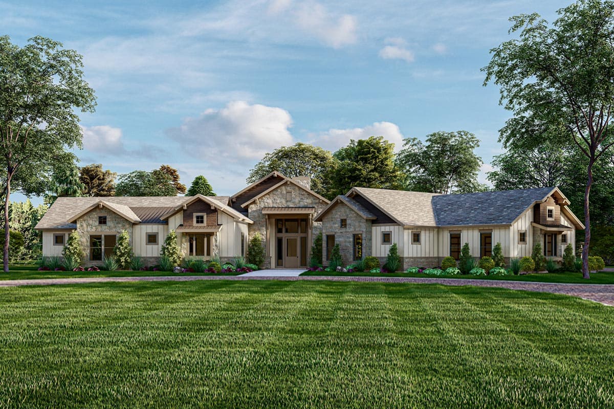 House plan exterior rendering. Features include stone and siding facade, multiple gabled rooflines, and a covered entry. Landscaping and large lawn.